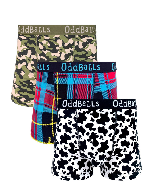 Cow, tartan & camo print cotton boxer shorts 3 pack