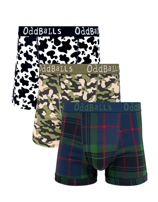 Check, camo & cow print cotton boxer shorts 3 pack