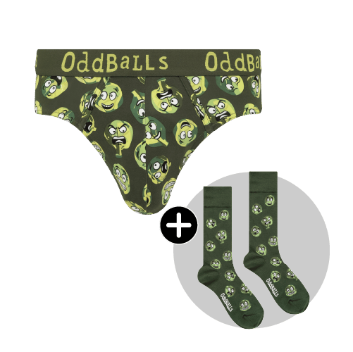 OddBalls branded men's underwear set featuring Sprout of Control, shown with matching green crew socks.