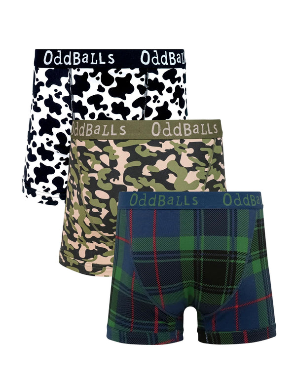 Check, camo & cow print cotton boxer shorts 3 pack