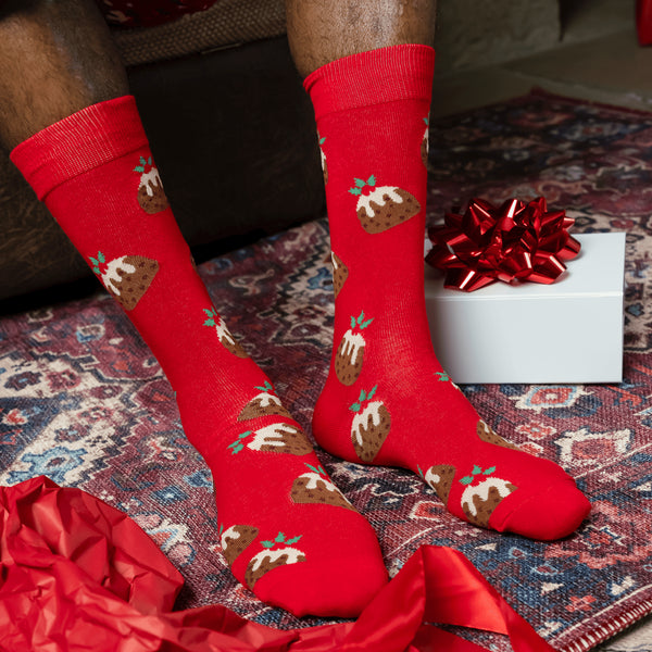 A pair of red Christmas Pudding print limited addition OddBalls socks