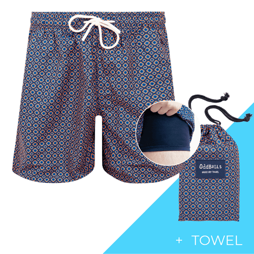 Classic Orange/Navy - Mens Compression Swim Shorts & Towel Bundle
