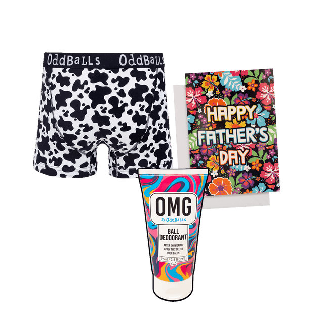 Fat Cow Men's Boxer Shorts, Ball Deodorant & Father's Day Card Bundle