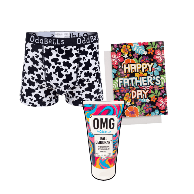 Fat Cow Men's Boxer Shorts, Ball Deodorant & Father's Day Card Bundle