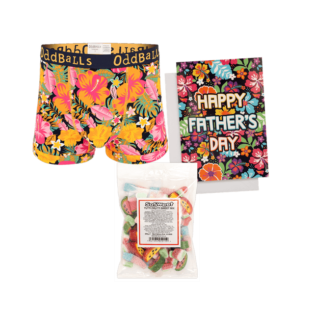 Hibiscus Men's Boxer Shorts, Sweets and Father's Day Card Bundle
