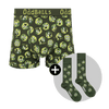 A men's underwear set by Oddballs featuring green boxer shorts with a repeating Sprout of Control pattern and matching green socks.