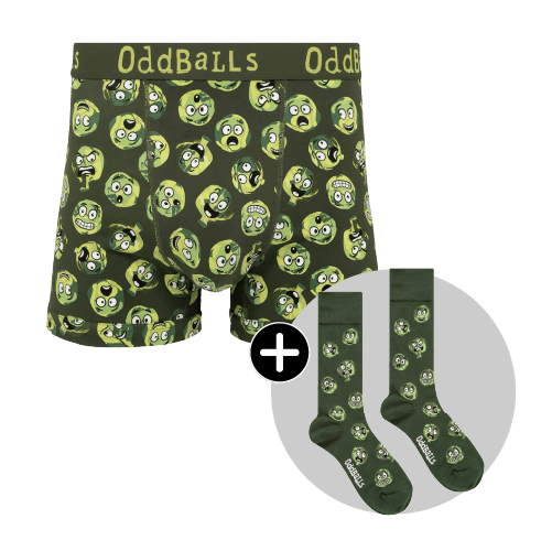 A men's underwear set by Oddballs featuring green boxer shorts with a repeating Sprout of Control pattern and matching green socks.