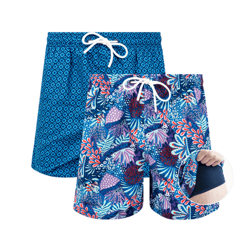Navy & Coral Bundle - Mens Compression Swim Shorts 2 Pack