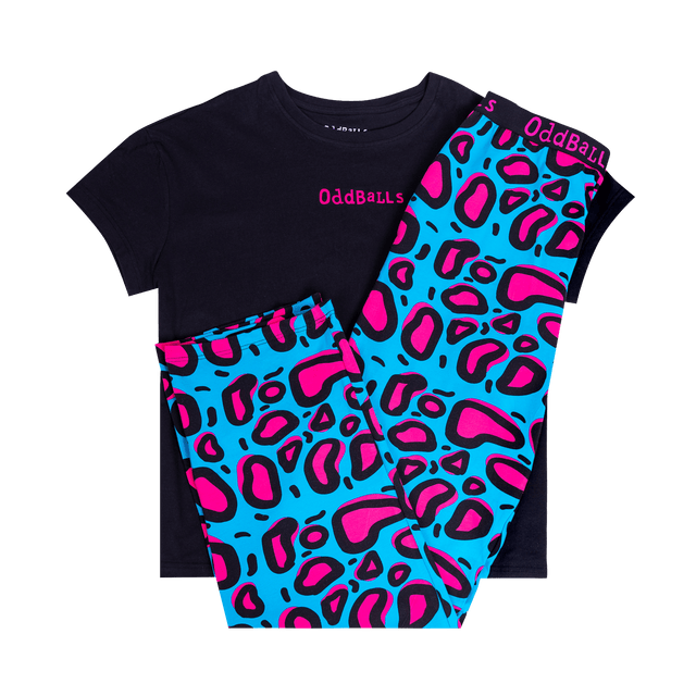 Womens Long Pyjamas - Lazy Leopard - Long and T-Shirt